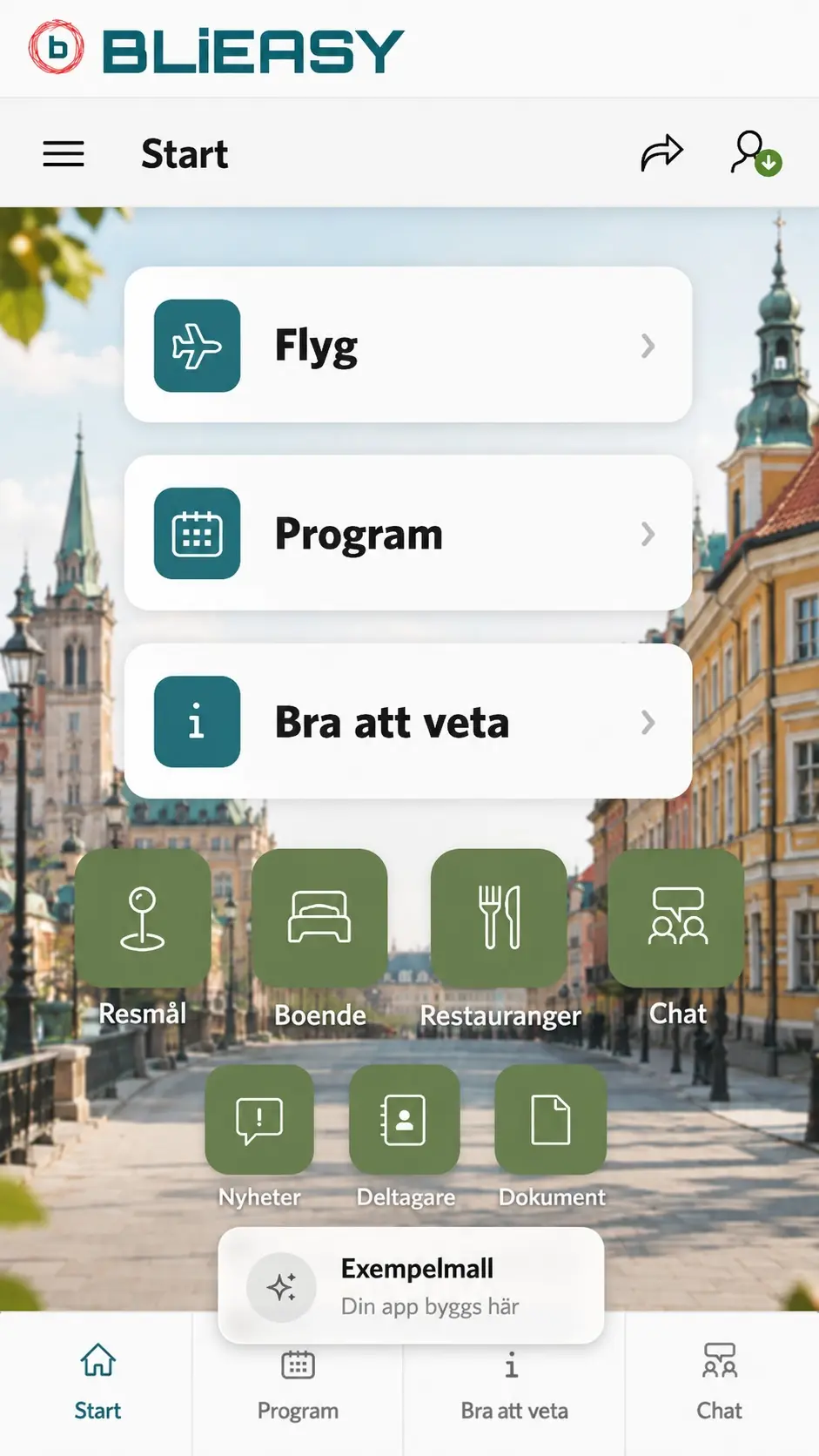 Blieasy-app med flyg, program, resmål, boende och deltagarinformation